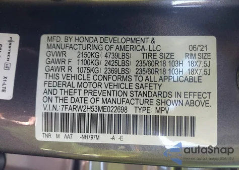 2021 Honda Cr-V Awd Ex из США, поврежденный, VIN 7FARW2H53ME022698